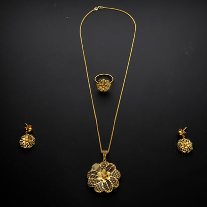 Gold Textured Floral Filigree Necklace Set (Necklace, Earrings and Ring) 21KT - FKJNKLST21KM10230