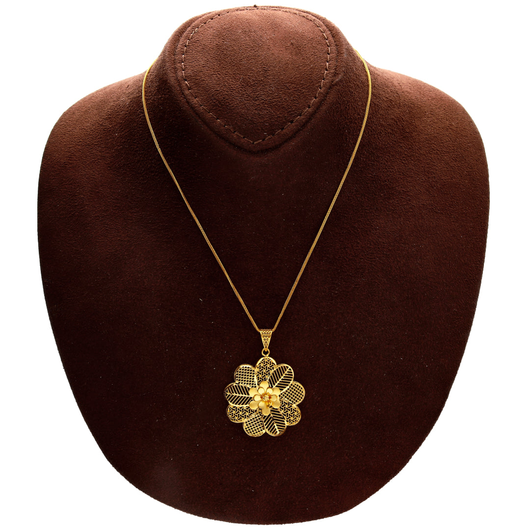 Gold Textured Floral Filigree Necklace Set (Necklace, Earrings and Ring) 21KT - FKJNKLST21KM10230