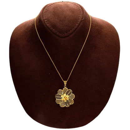 Gold Textured Floral Filigree Necklace Set (Necklace, Earrings and Ring) 21KT - FKJNKLST21KM10230