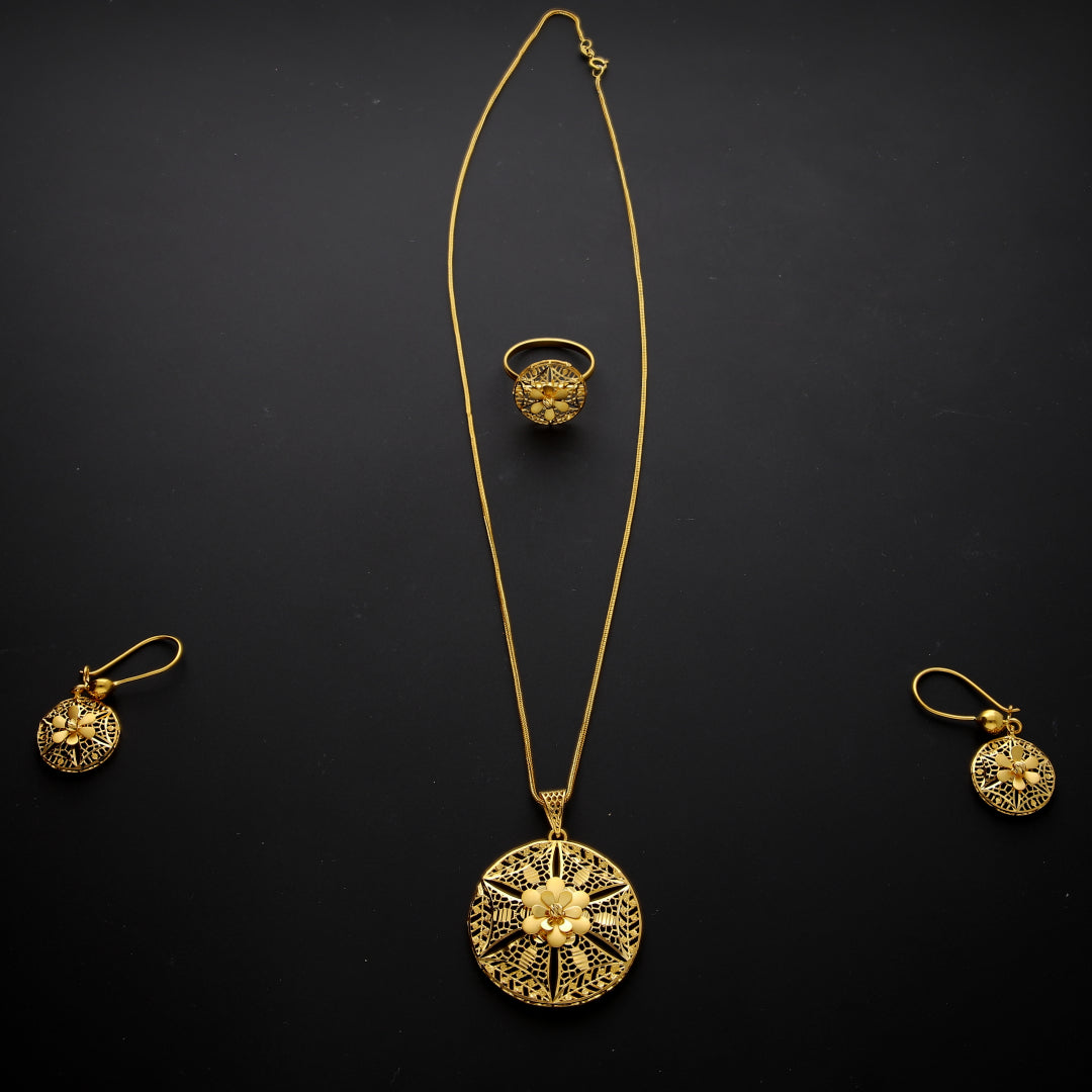 Gold Textured Round Flower Necklace Set (Necklace, Earrings and Ring) 21KT - FKJNKLST21KM10231