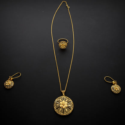 Gold Textured Round Flower Necklace Set (Necklace, Earrings and Ring) 21KT - FKJNKLST21KM10231