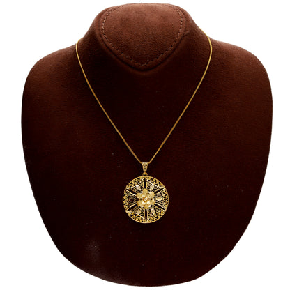 Gold Textured Round Flower Necklace Set (Necklace, Earrings and Ring) 21KT - FKJNKLST21KM10231