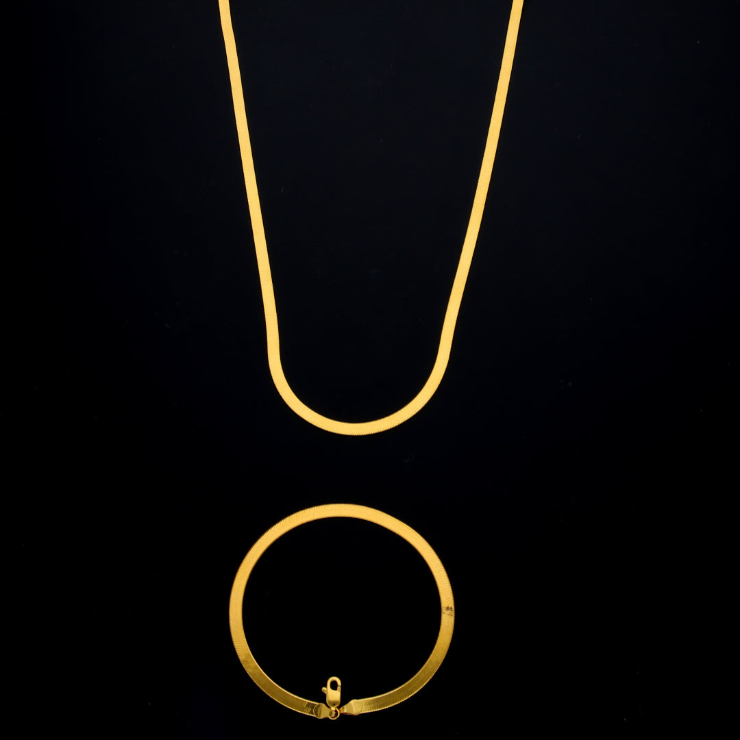 Gold Sleek Flat Chain Set (Chain with Bracelet) 21KT - FKJCNST21KM10382