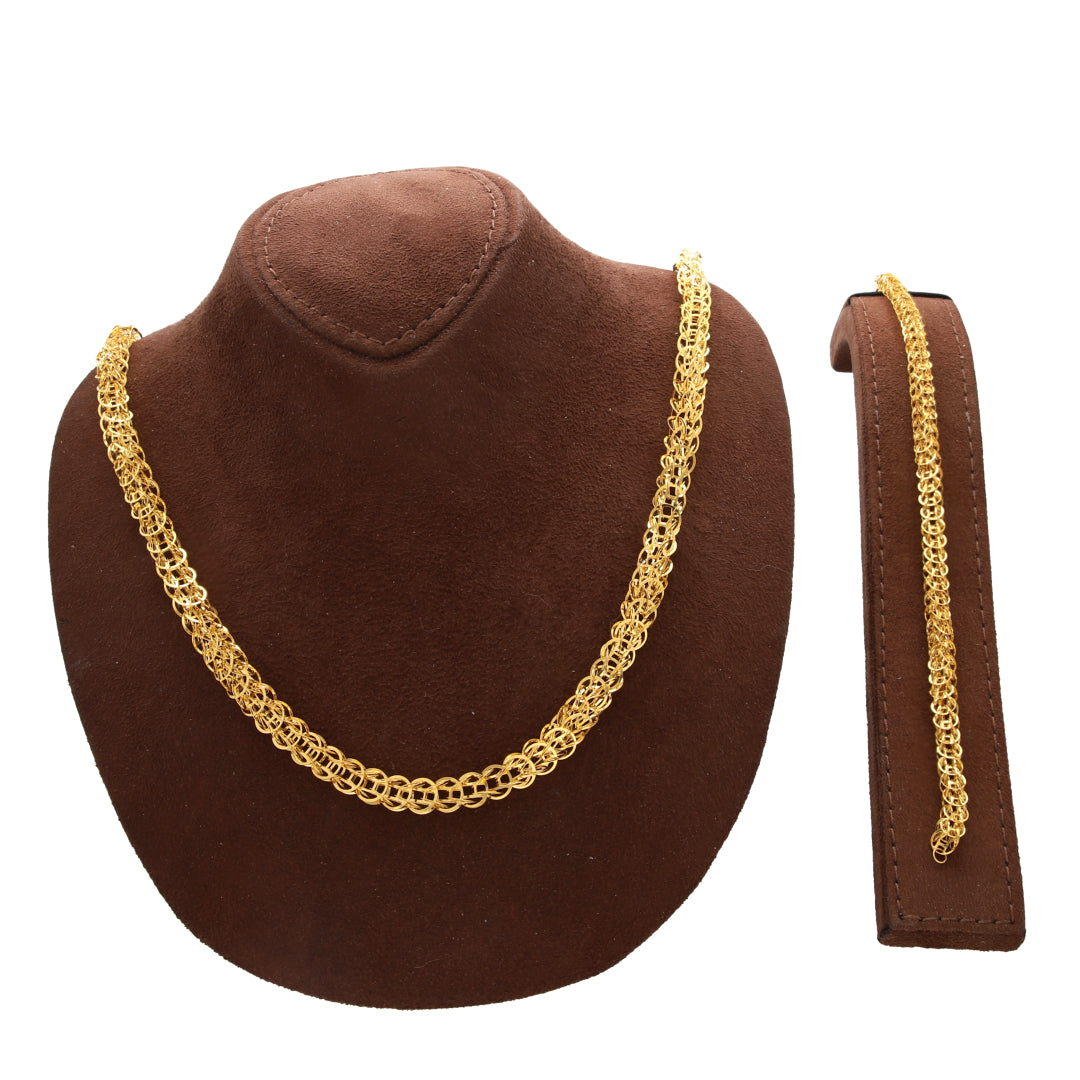 Gold Textured Woven Chain Set (Chain with Bracelet) 21KT - FKJCNST21KM10385