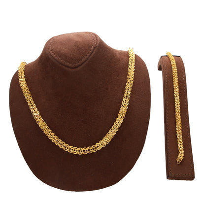 Gold Textured Woven Chain Set (Chain with Bracelet) 21KT - FKJCNST21KM10385