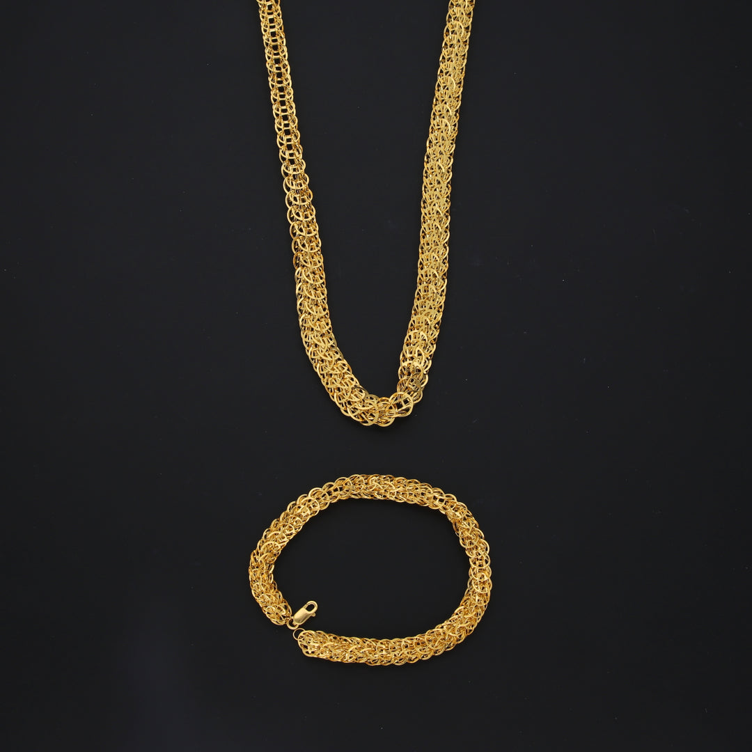 Gold Textured Woven Chain Set (Chain with Bracelet) 21KT - FKJCNST21KM10385