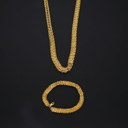 Gold Textured Woven Chain Set (Chain with Bracelet) 21KT - FKJCNST21KM10385