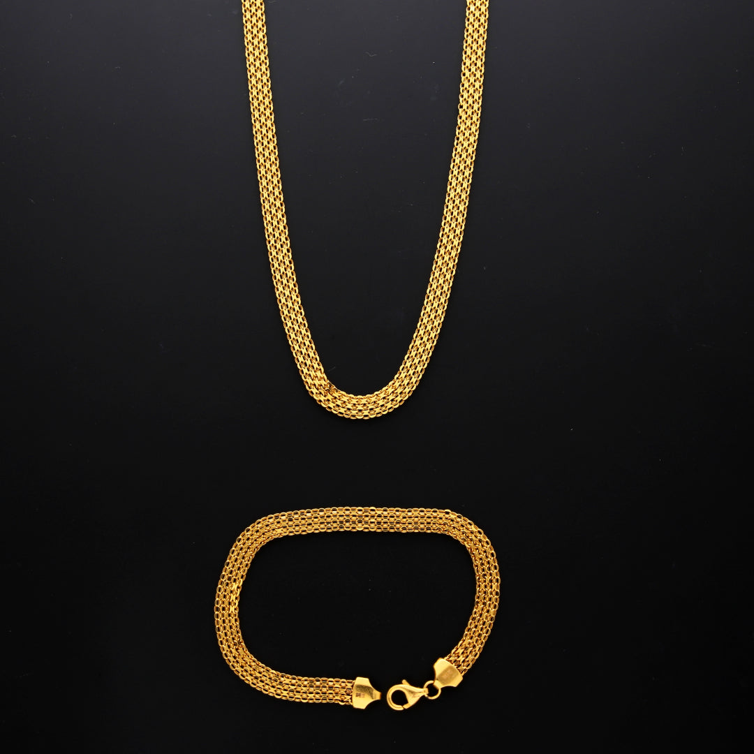 Gold Elegant Flat Link Chain Set (Chain with Bracelet) 21KT - FKJCNST21KM10386