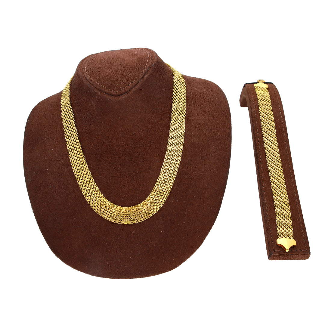 Gold Bold Flat Mesh Chain Set (Chain with Bracelet) 21KT - FKJCNST21KM10388