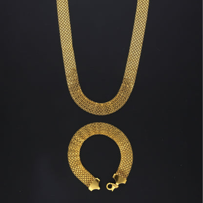 Gold Bold Flat Mesh Chain Set (Chain with Bracelet) 21KT - FKJCNST21KM10388