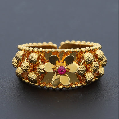 Gold Ruby Studded Flower Ring 21KT - FKJRN21KM10481