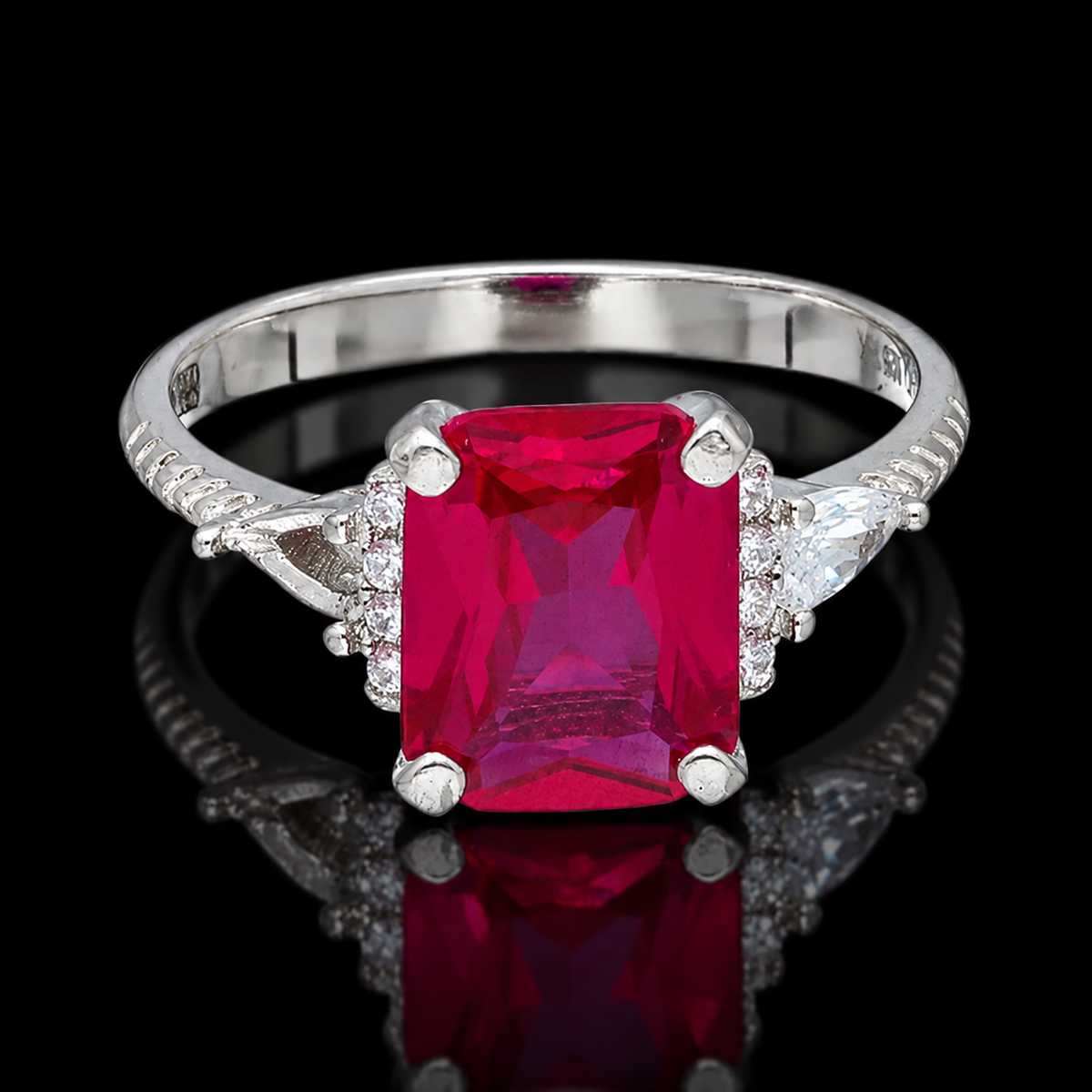Sterling Silver 925 Ruby Red Emerald-Cut Statement Ring in Silver Finish - FKJRNSLM12317