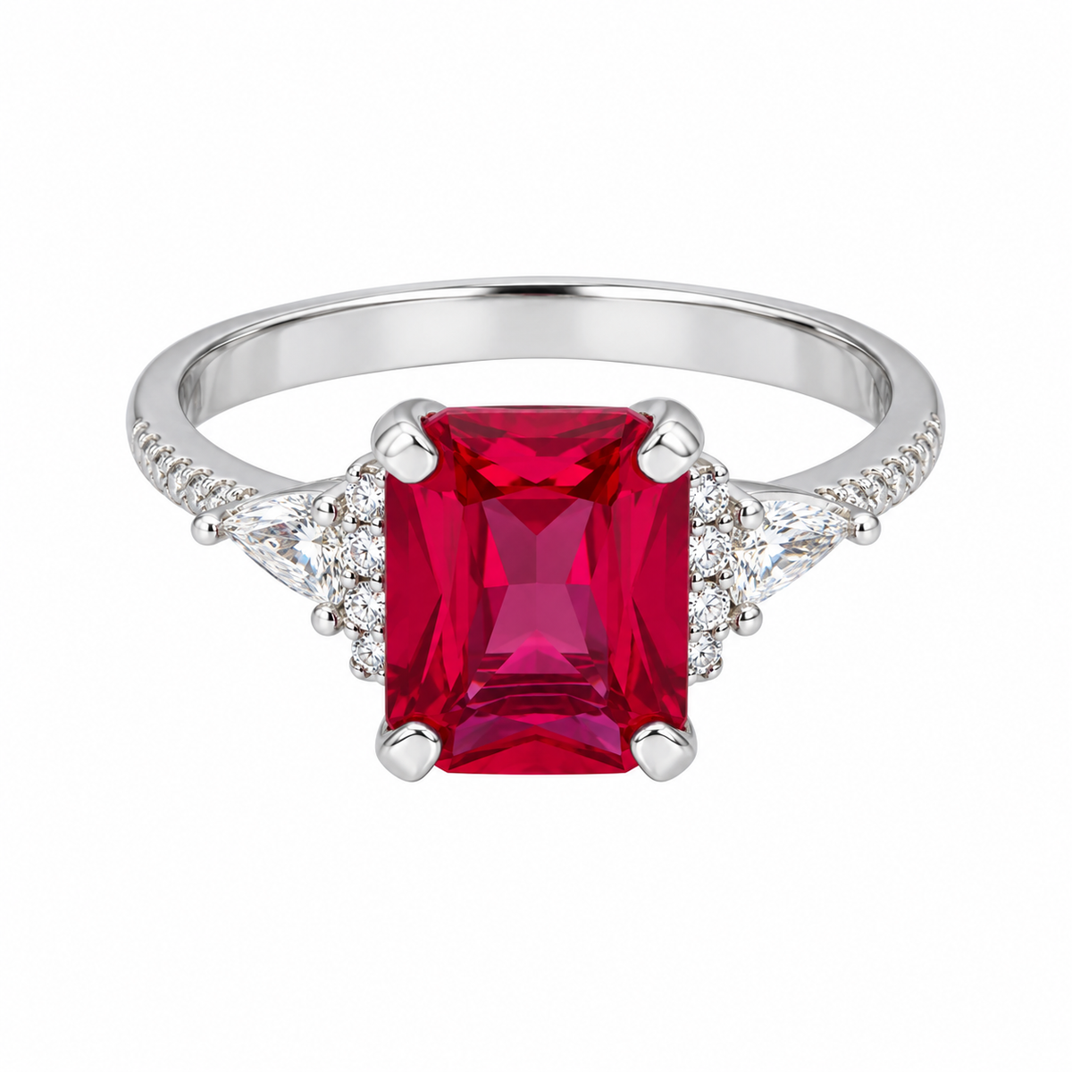 Sterling Silver 925 Ruby Red Emerald-Cut Statement Ring in Silver Finish - FKJRNSLM12317