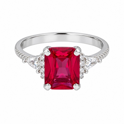 Sterling Silver 925 Ruby Red Emerald-Cut Statement Ring in Silver Finish - FKJRNSLM12317