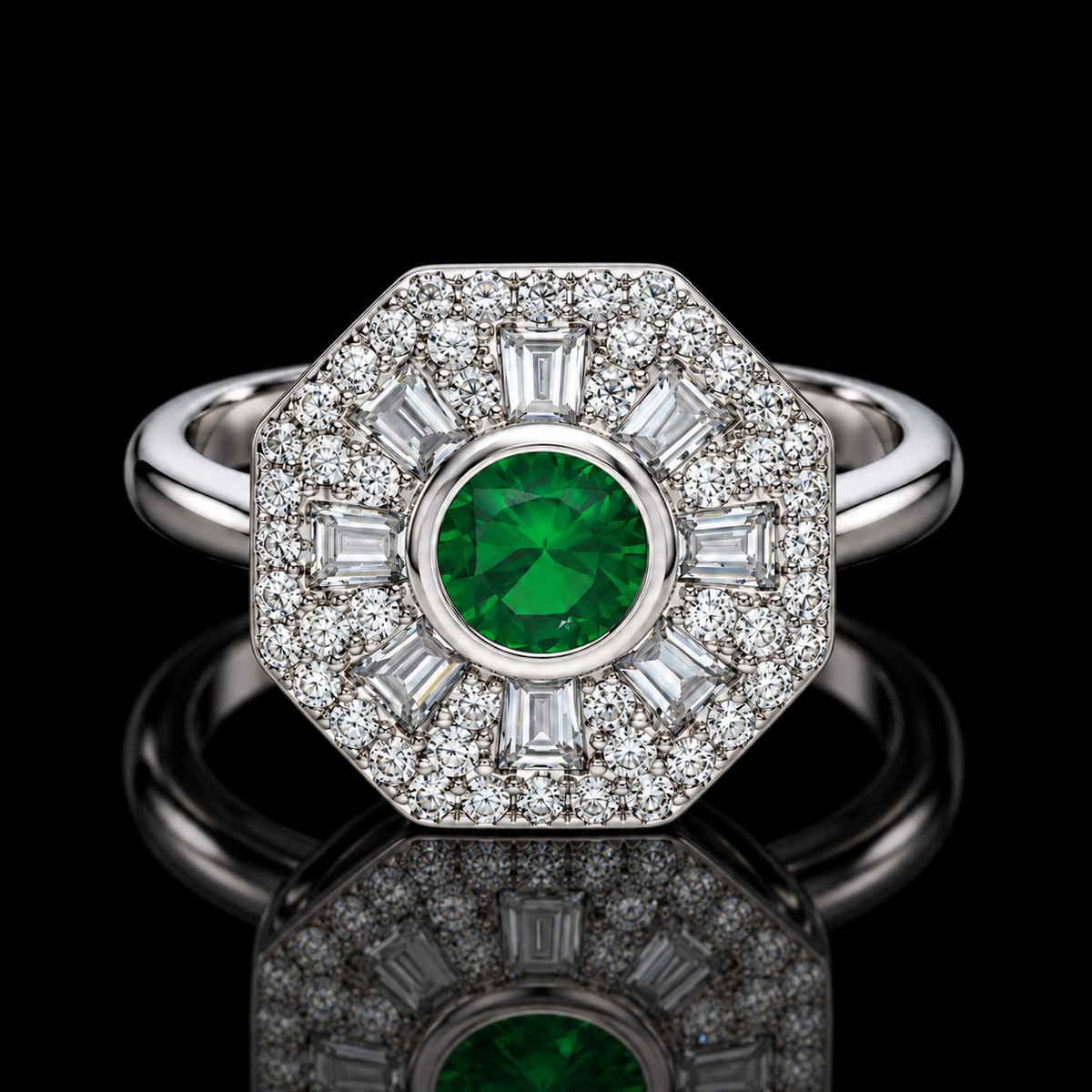Sterling Silver 925 Vintage Octagon Halo Green Gemstone Ring - FKJRNSLM12318