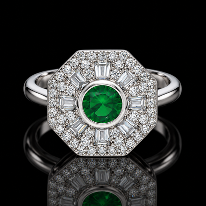 Sterling Silver 925 Vintage Octagon Halo Green Gemstone Ring - FKJRNSLM12318