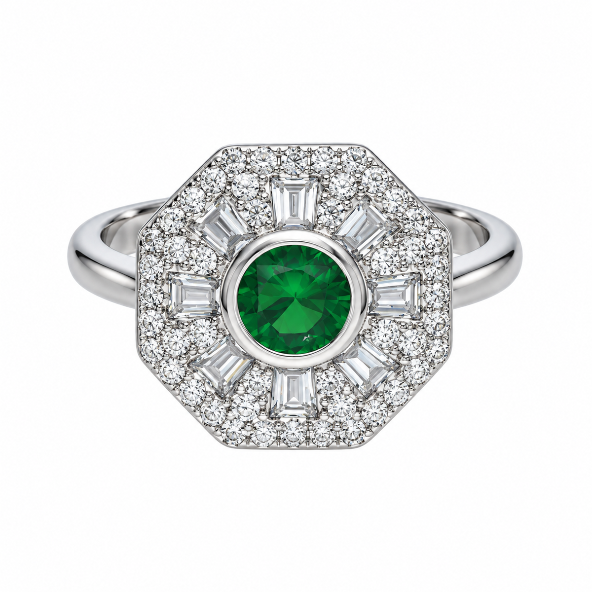 Sterling Silver 925 Vintage Octagon Halo Green Gemstone Ring - FKJRNSLM12318