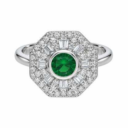 Sterling Silver 925 Vintage Octagon Halo Green Gemstone Ring - FKJRNSLM12318