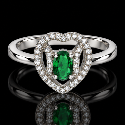 Sterling Silver 925 Pear-Cut Emerald Green Gemstone Heart Halo Ring - FKJRNSLM12319