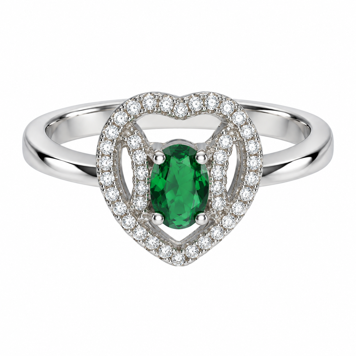 Sterling Silver 925 Pear-Cut Emerald Green Gemstone Heart Halo Ring - FKJRNSLM12319