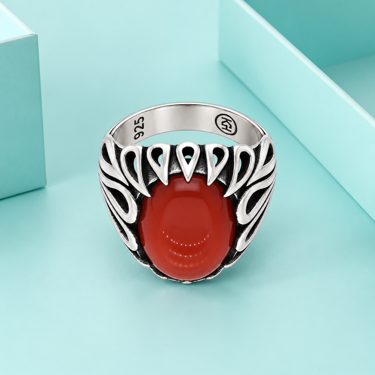 Sterling Silver 925 Vintage Oxidized Sterling Silver Ring with Oval Red Carnelian Stone - FKJRNSLM12320