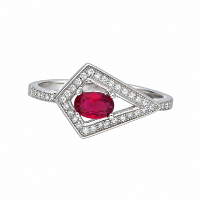 Sterling Silver 925 Oval-Cut Ruby Red Gemstone Triangle Frame Ring - FKJRNSLM12323