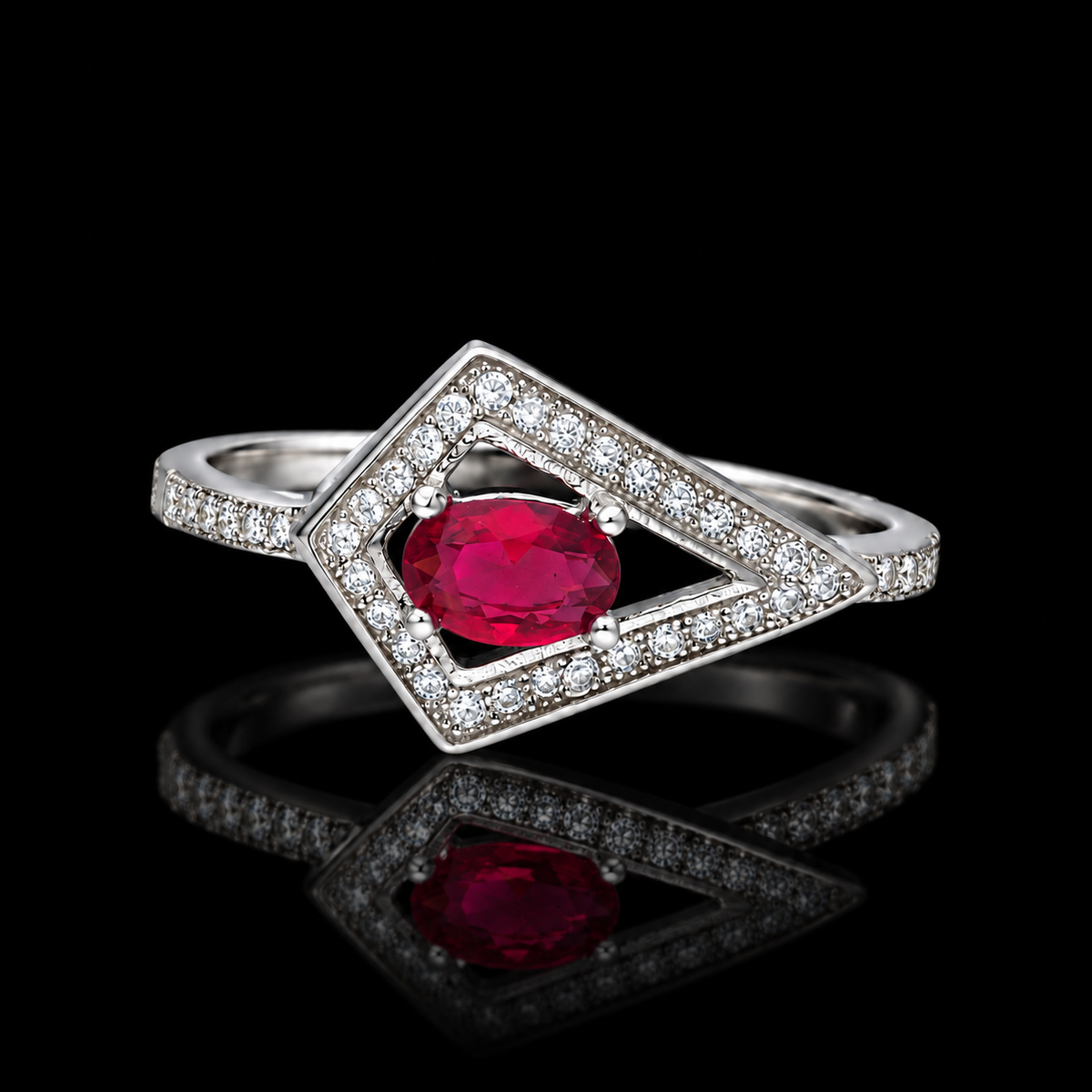 Sterling Silver 925 Oval-Cut Ruby Red Gemstone Triangle Frame Ring - FKJRNSLM12323