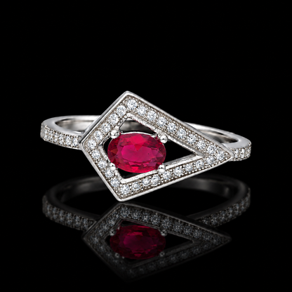 Sterling Silver 925 Oval-Cut Ruby Red Gemstone Triangle Frame Ring - FKJRNSLM12323