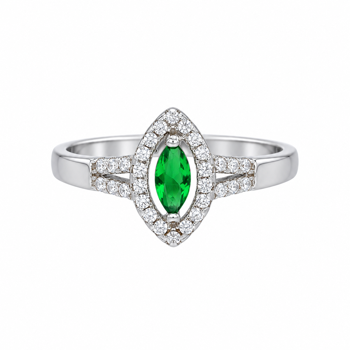 Sterling Silver 925 Marquise Green Gemstone Ring with Split Shank Band Ring - FKJRNSLM12325