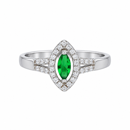 Sterling Silver 925 Marquise Green Gemstone Ring with Split Shank Band Ring - FKJRNSLM12325