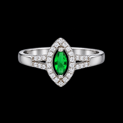 Sterling Silver 925 Marquise Green Gemstone Ring with Split Shank Band Ring - FKJRNSLM12325
