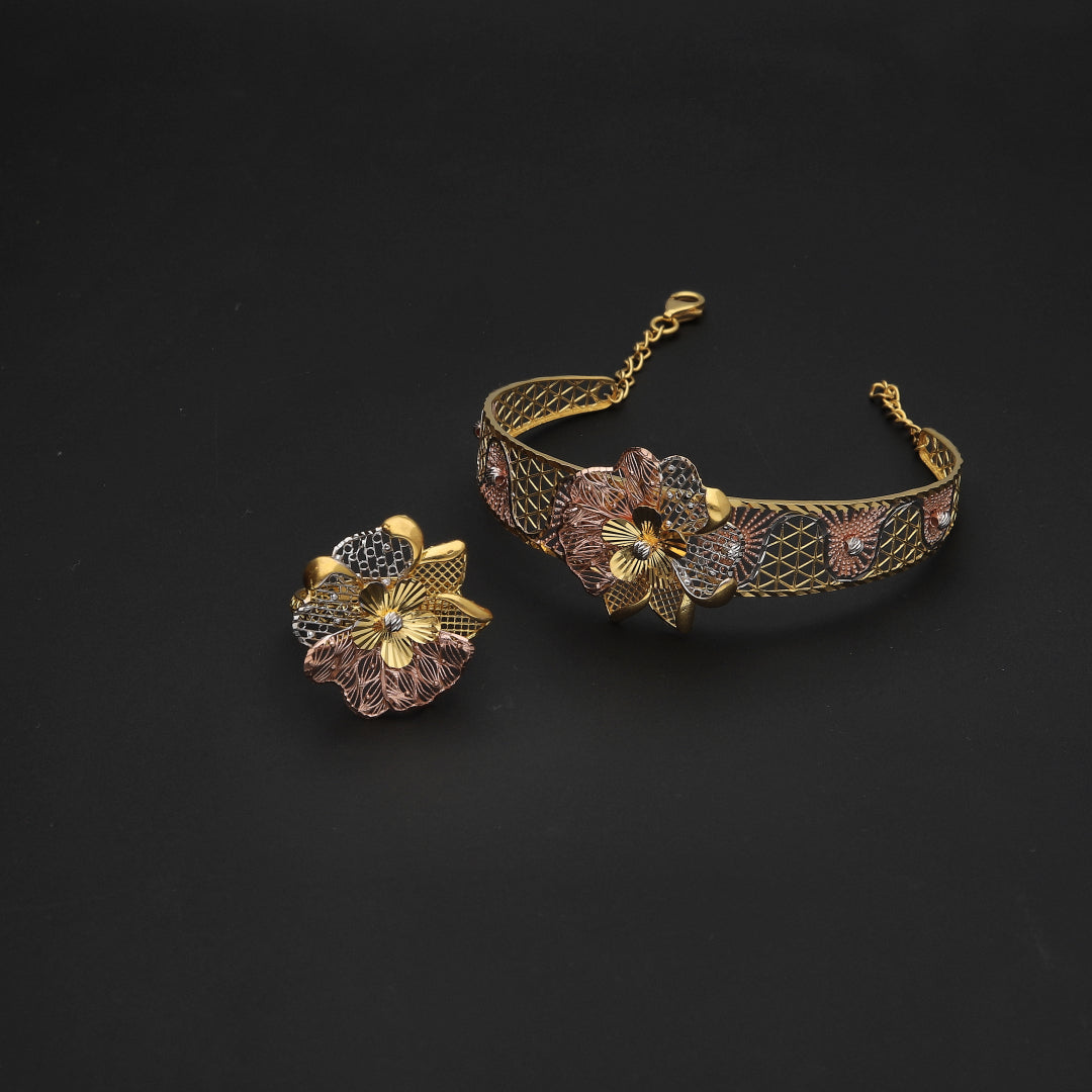 Gold Flower Shaped Bangle Set (Bangle and Ring) 21KT - FKJSET21KM10107