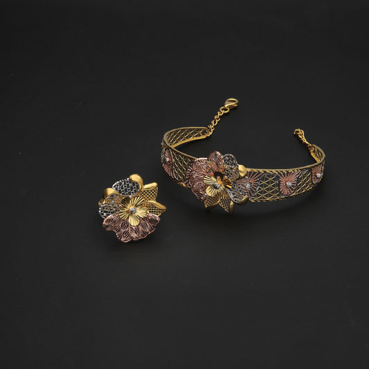 Gold Flower Shaped Bangle Set (Bangle and Ring) 21KT - FKJSET21KM10107
