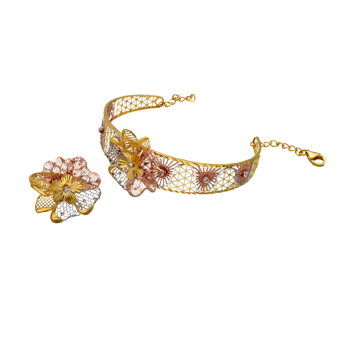 Gold Flower Shaped Bangle Set (Bangle and Ring) 21KT - FKJSET21KM10107