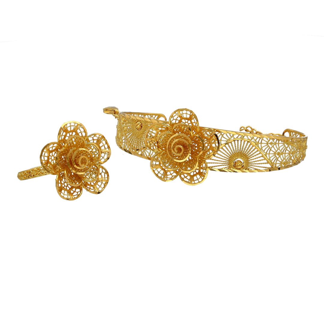 Gold Flower Shaped Bangle Set (Bangle and Ring) 21KT - FKJSET21KM10109