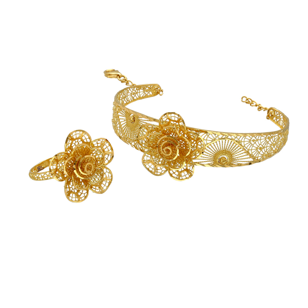 Gold Flower Shaped Bangle Set (Bangle and Ring) 21KT - FKJSET21KM10109