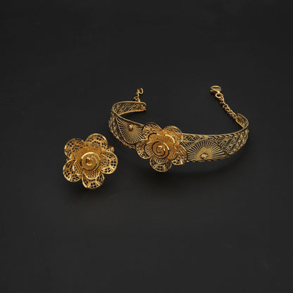 Gold Flower Shaped Bangle Set (Bangle and Ring) 21KT - FKJSET21KM10109