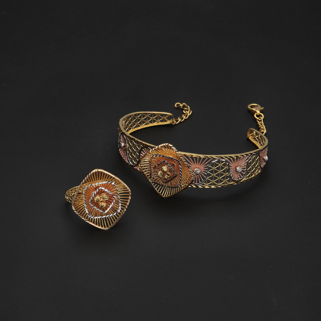 Gold Flower Shaped Bangle Set (Bangle and Ring) 21KT - FKJSET21KM10111