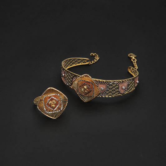 Gold Flower Shaped Bangle Set (Bangle and Ring) 21KT - FKJSET21KM10111