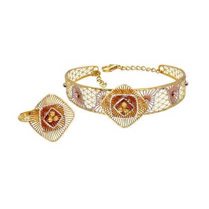 Gold Flower Shaped Bangle Set (Bangle and Ring) 21KT - FKJSET21KM10111