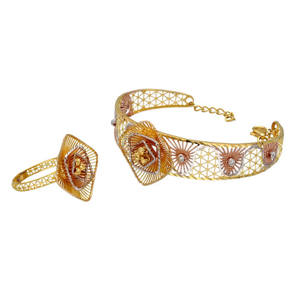 Gold Flower Shaped Bangle Set (Bangle and Ring) 21KT - FKJSET21KM10111