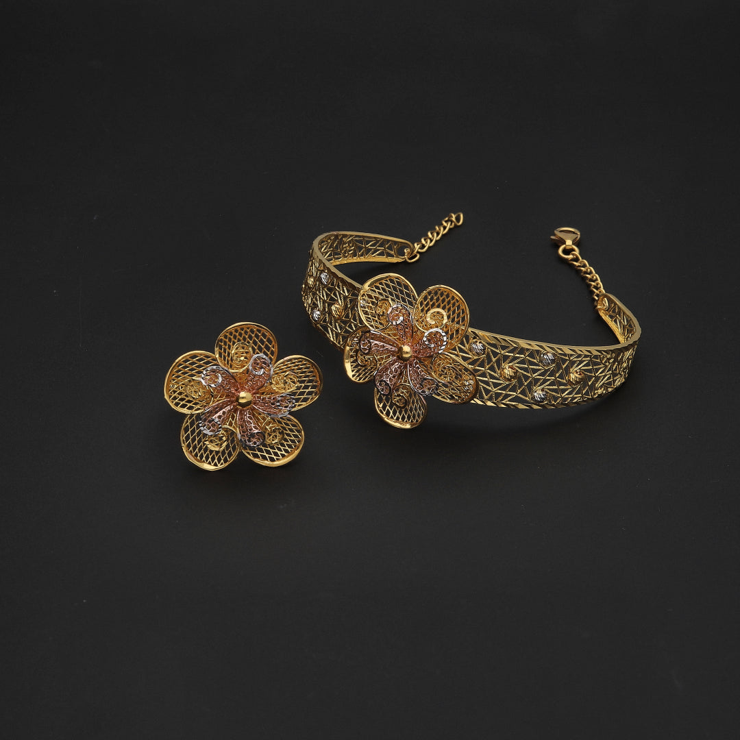 Gold Flower Shaped Bangle Set (Bangle and Ring) 21KT - FKJSET21KM10114