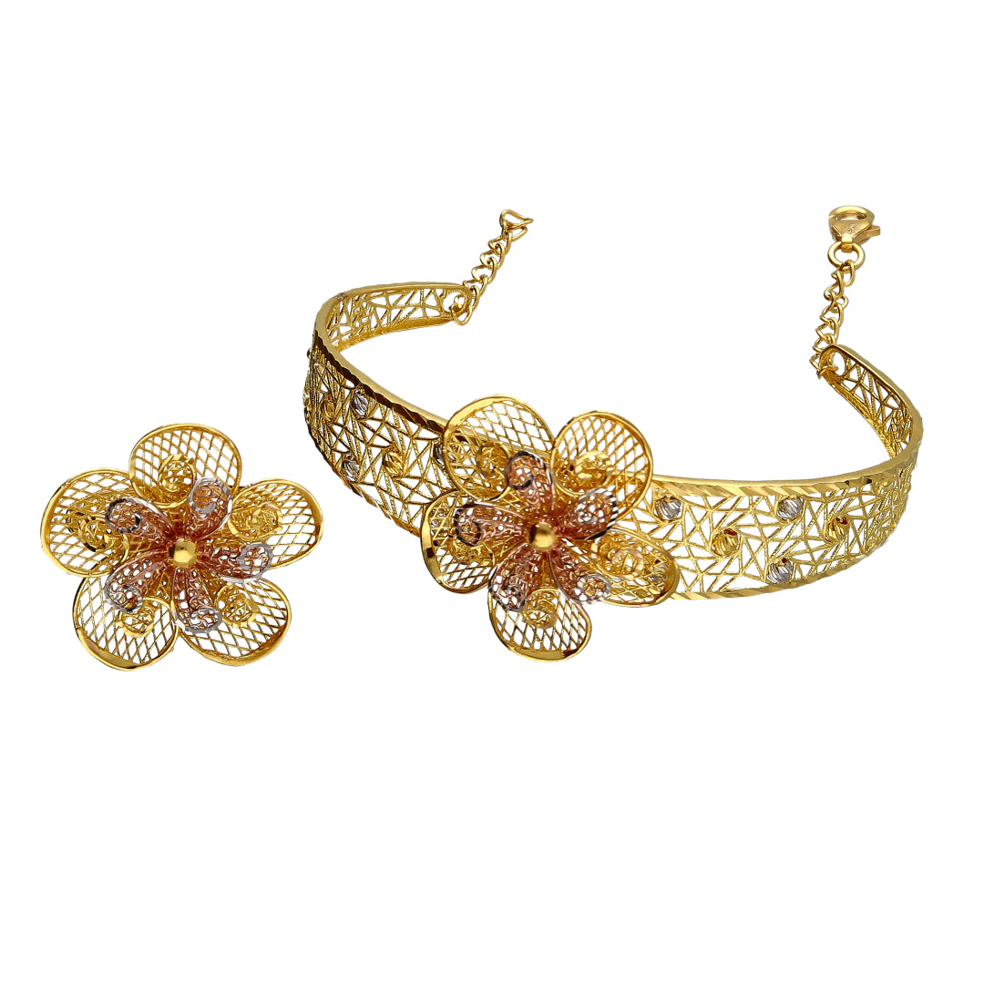 Gold Flower Shaped Bangle Set (Bangle and Ring) 21KT - FKJSET21KM10114
