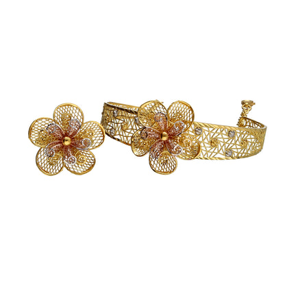Gold Flower Shaped Bangle Set (Bangle and Ring) 21KT - FKJSET21KM10114