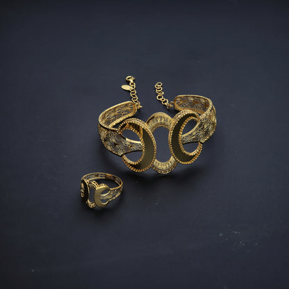 Gold Round Design Bangle Set (Bangle and Ring) 21KT - FKJSET21KM10125