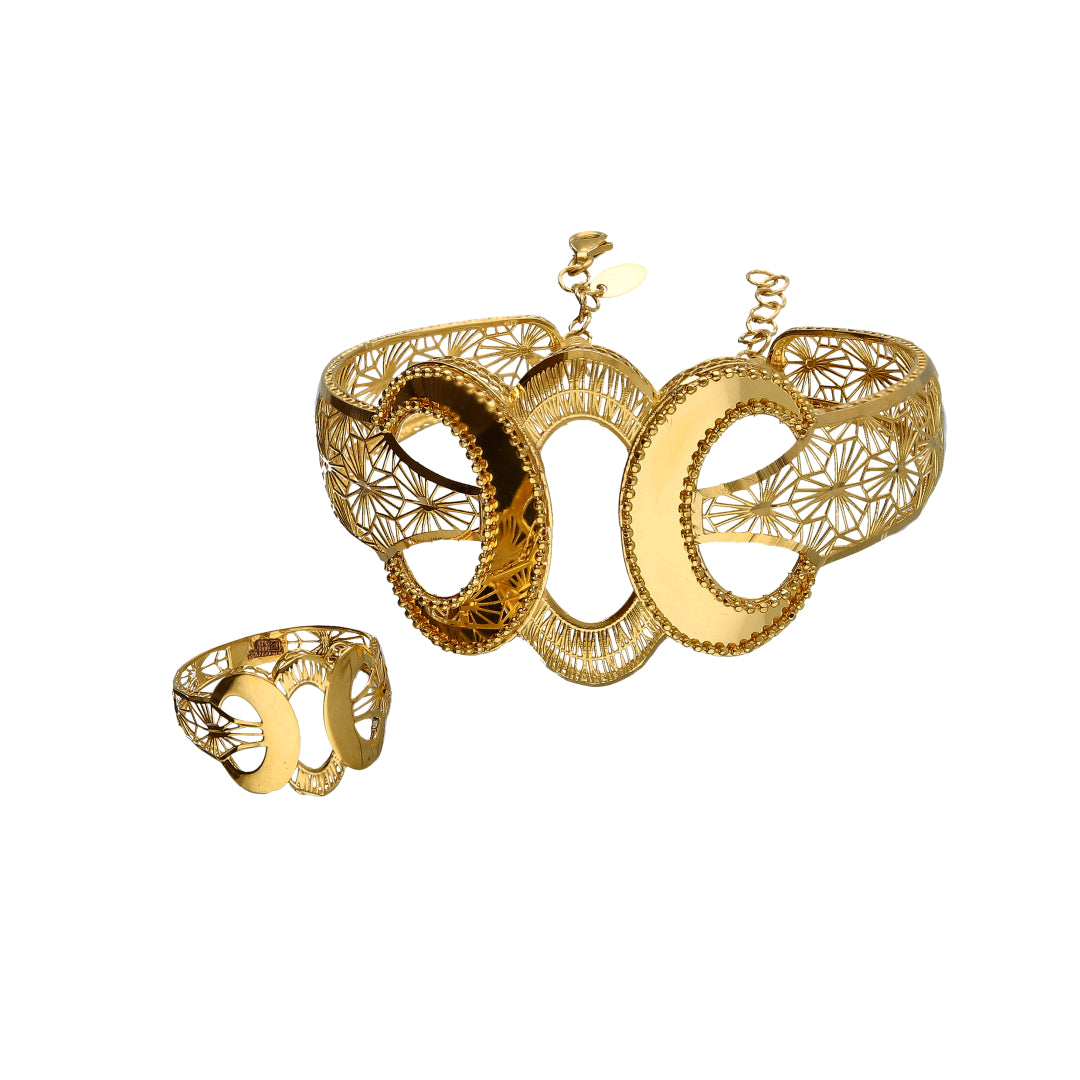 Gold Round Design Bangle Set (Bangle and Ring) 21KT - FKJSET21KM10125