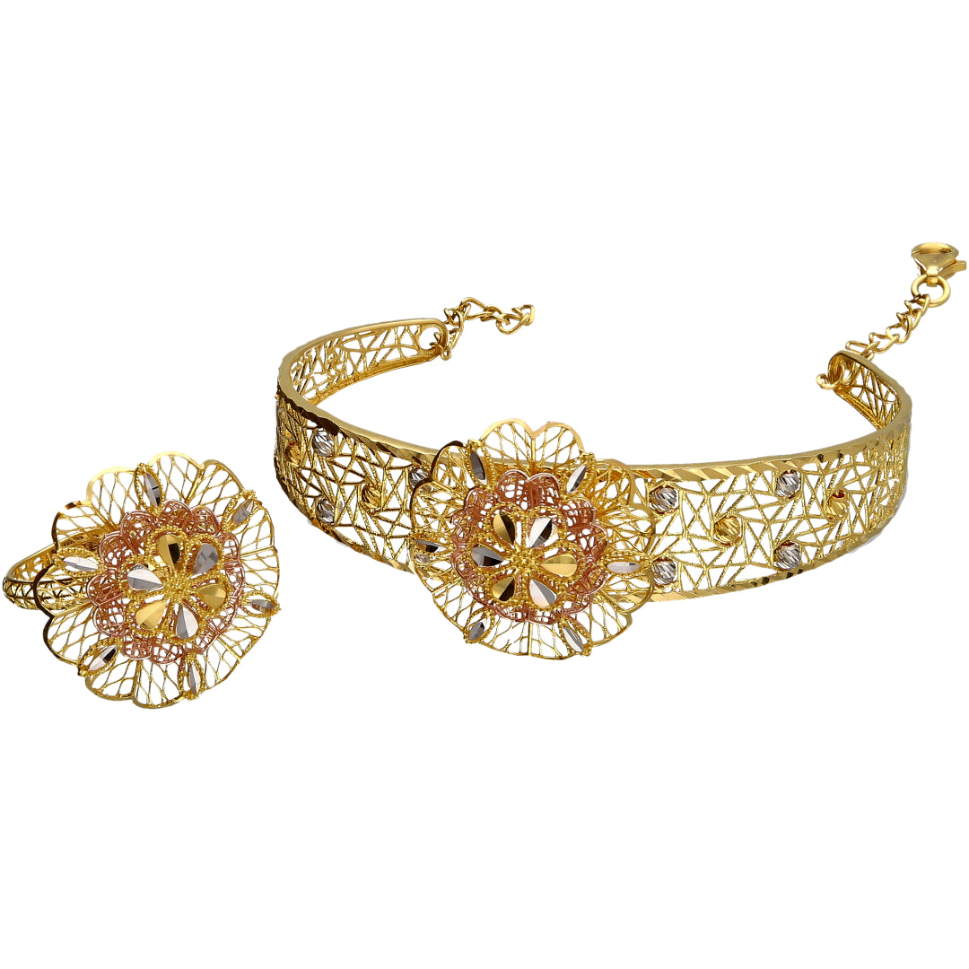 Gold Flower Design Bangle Set (Bangle and Ring) 21KT - FKJSET21KM10131