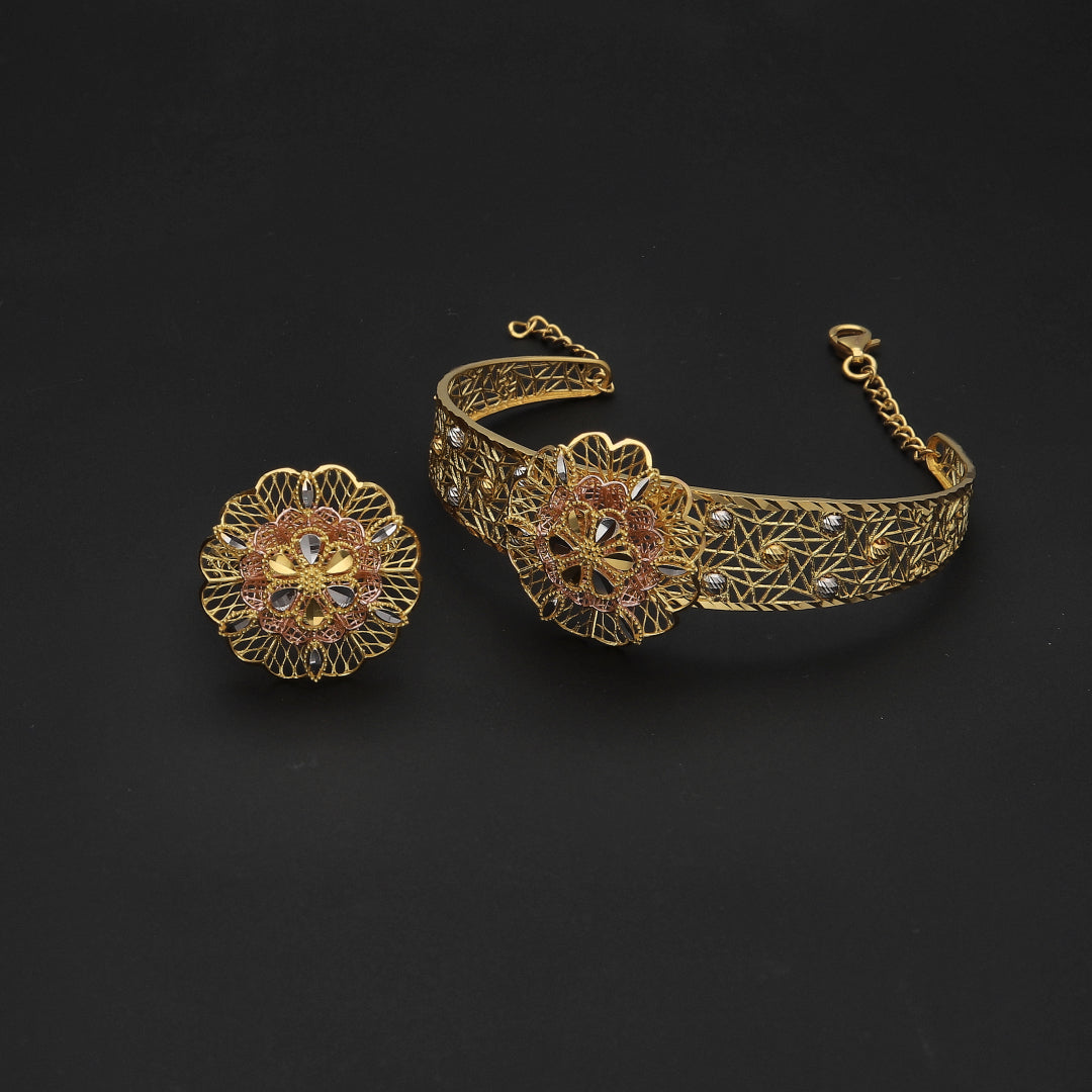 Gold Flower Design Bangle Set (Bangle and Ring) 21KT - FKJSET21KM10131