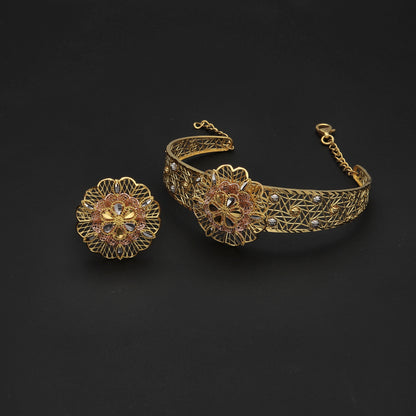Gold Flower Design Bangle Set (Bangle and Ring) 21KT - FKJSET21KM10131