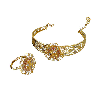 Gold Flower Design Bangle Set (Bangle and Ring) 21KT - FKJSET21KM10131